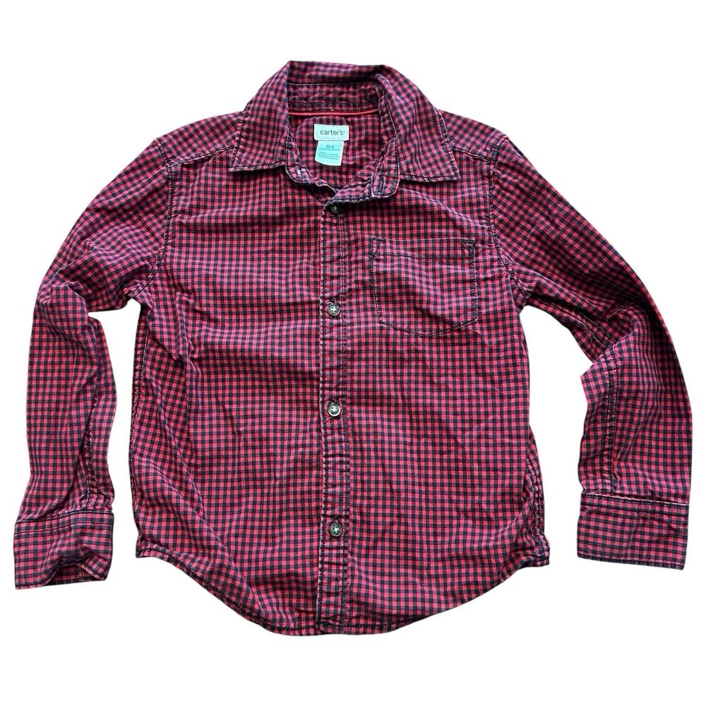 Carters Boys Shirt 5T Red & Black Plaid Longsleeve Button Down School Church (2)